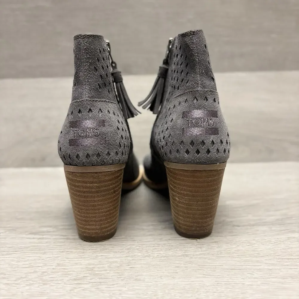 Toms Cut Out Bootie Sandal Peep Toe Zip-Up Gray Suede Stacked Heel Sandal 7M